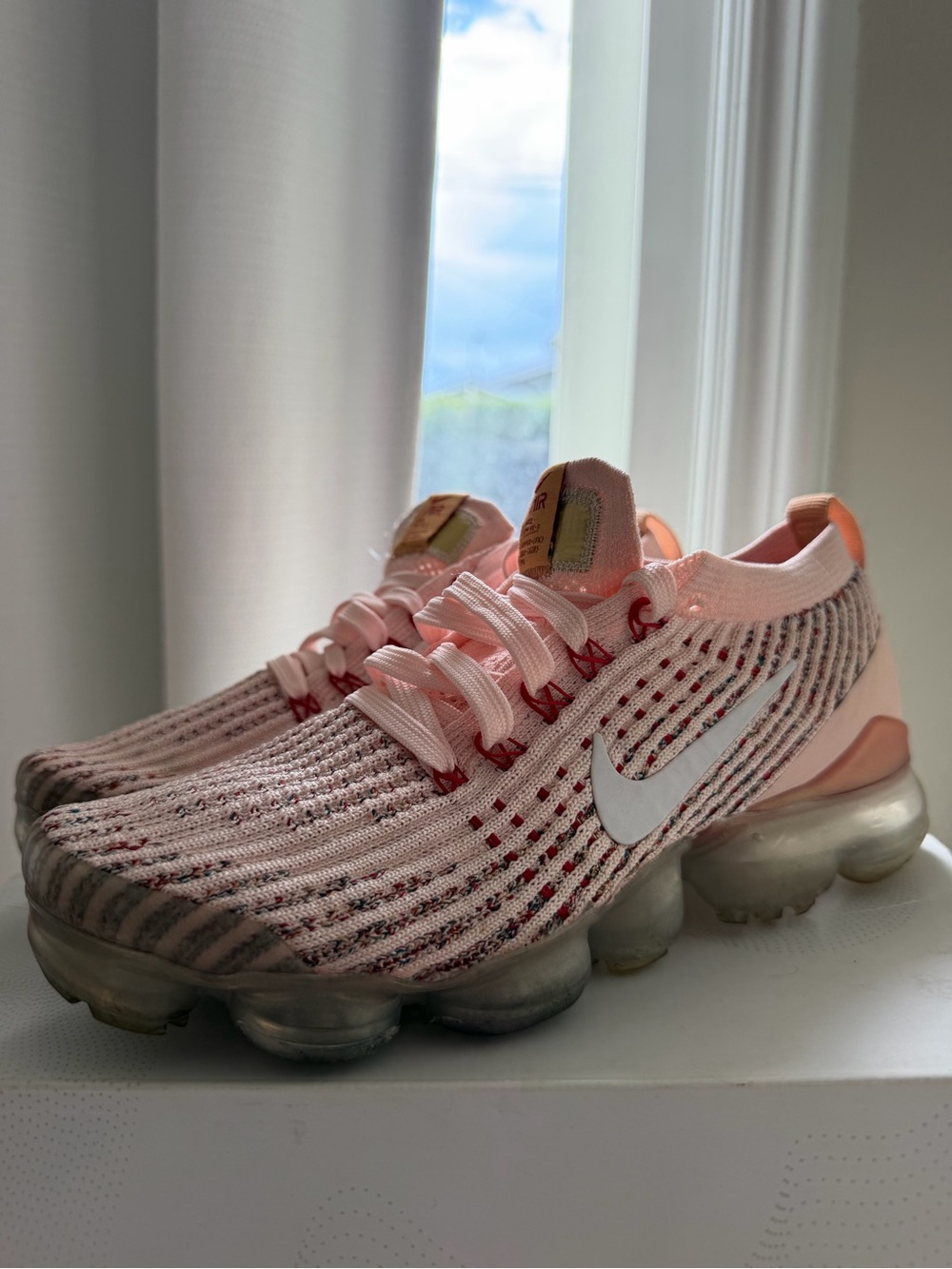 Nike Women's Light Pink Knit VaporMax Sneakers with White Swoosh